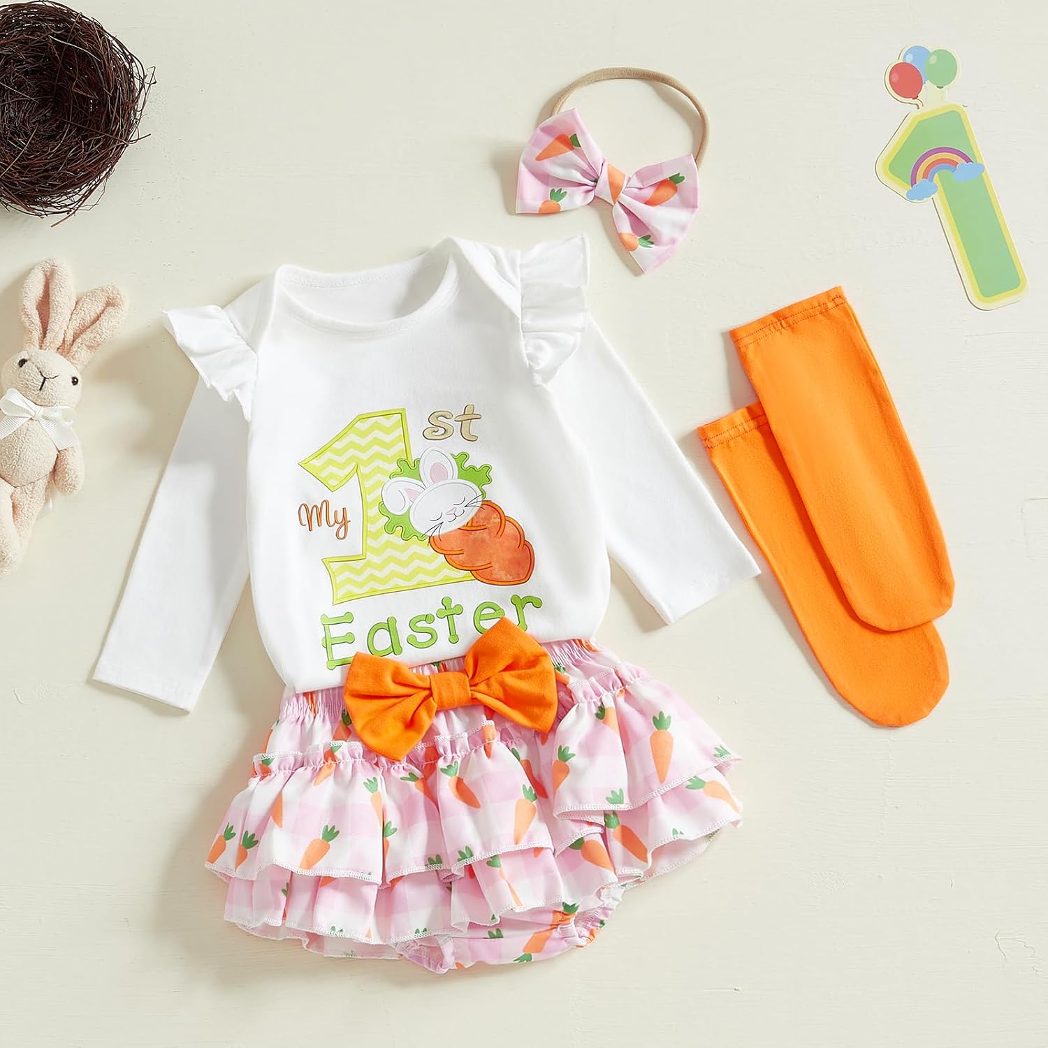 BeQeuewll Newborn Baby Girl First Easter Outfit Bunny Clothes 1st Easter Romper Carrot Ruffle Skirt Set Infant Girl Outfits