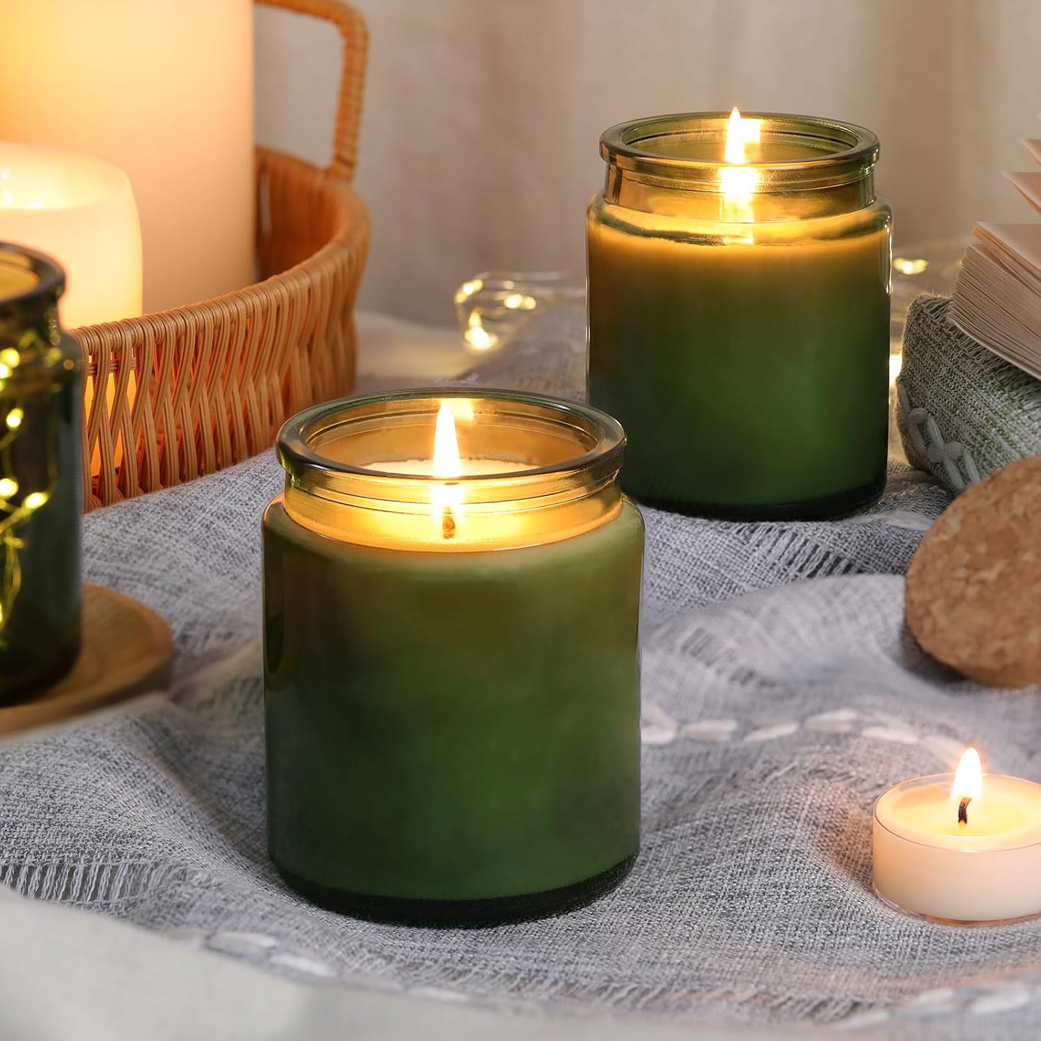 Lanttu 12 Pack Green Candle Jars for Making Candles, 7.5oz Glass Jars with Wooden Lids and Labels, Candle Making Supplies Candle Containers for Home DIY, Gifts, Table Decor