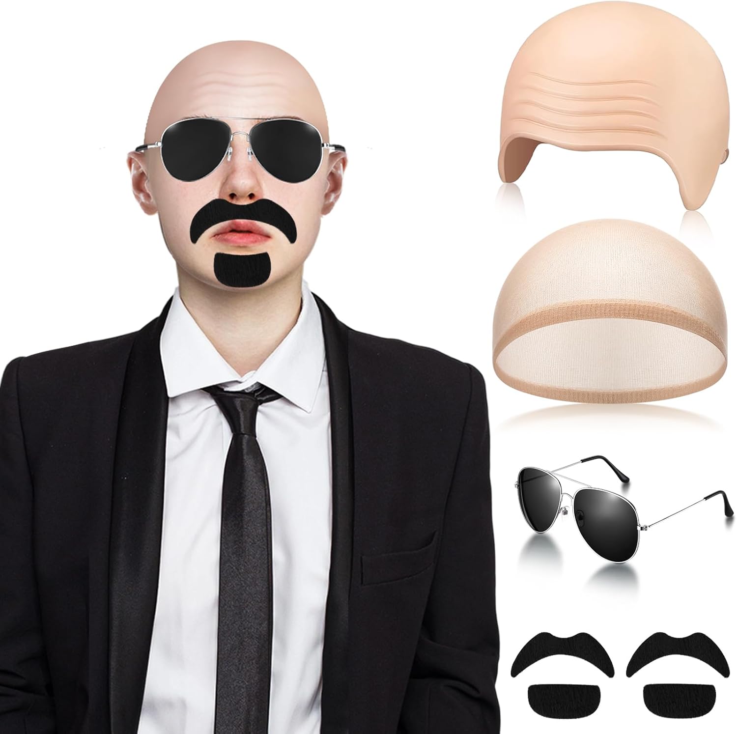 Mepase Bald Caps with Glasses and Mustache Bald Head Wig Cap Party Costume Accessories for Women Men Halloween Cosplay