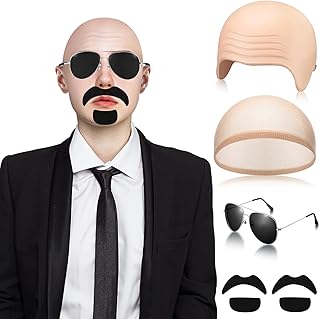 5 Pcs Bald Caps with Glasses and Mustache Bald Head Wig Cap Party Costume Accessories for Women Men Halloween Cosplay(Wrinkle)