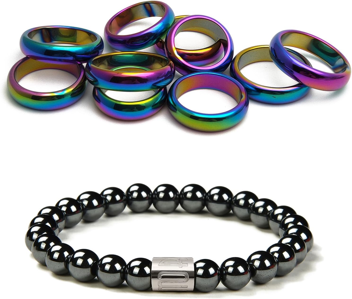 Morchic Rainbow Color Hematite Plain Band Rings 10Pcs, 7.5" Magnetic Hematite 8MM Beads Bracelet Promotion