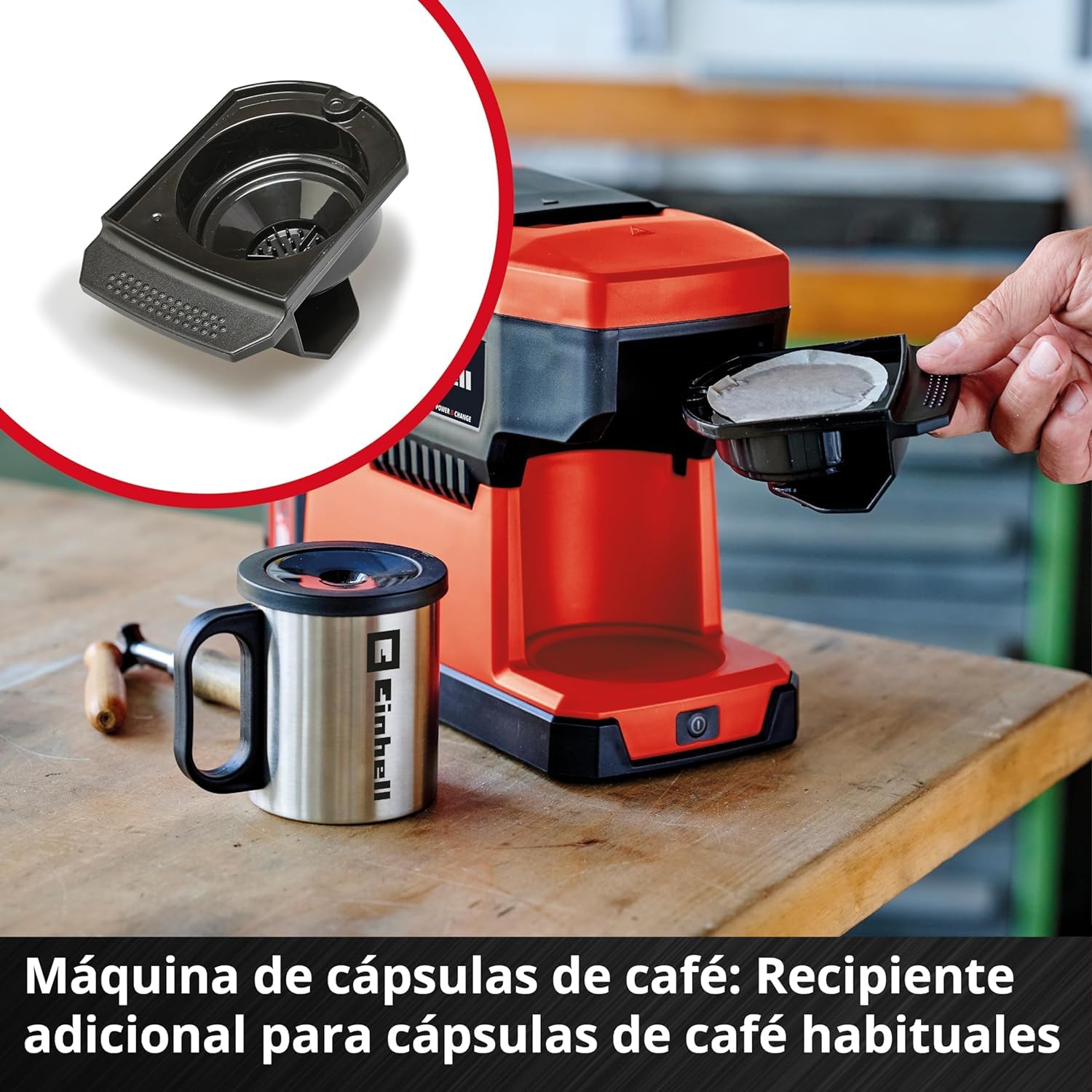 Einhell Cafetera con batería TE-CF 18 Li-Solo | PXC | 18 V | depósito 240 ml | para café filtrado/cápsulas | Asa de transporte | Taza de café con tapa | Sin batería