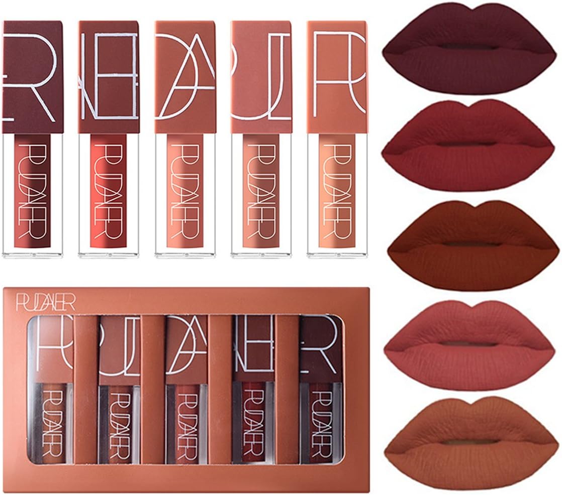 Pudaier 5pcs Waterproof Long Lasting Matte Liquid Lipstick Matte lipstick Gloss set lipstick set