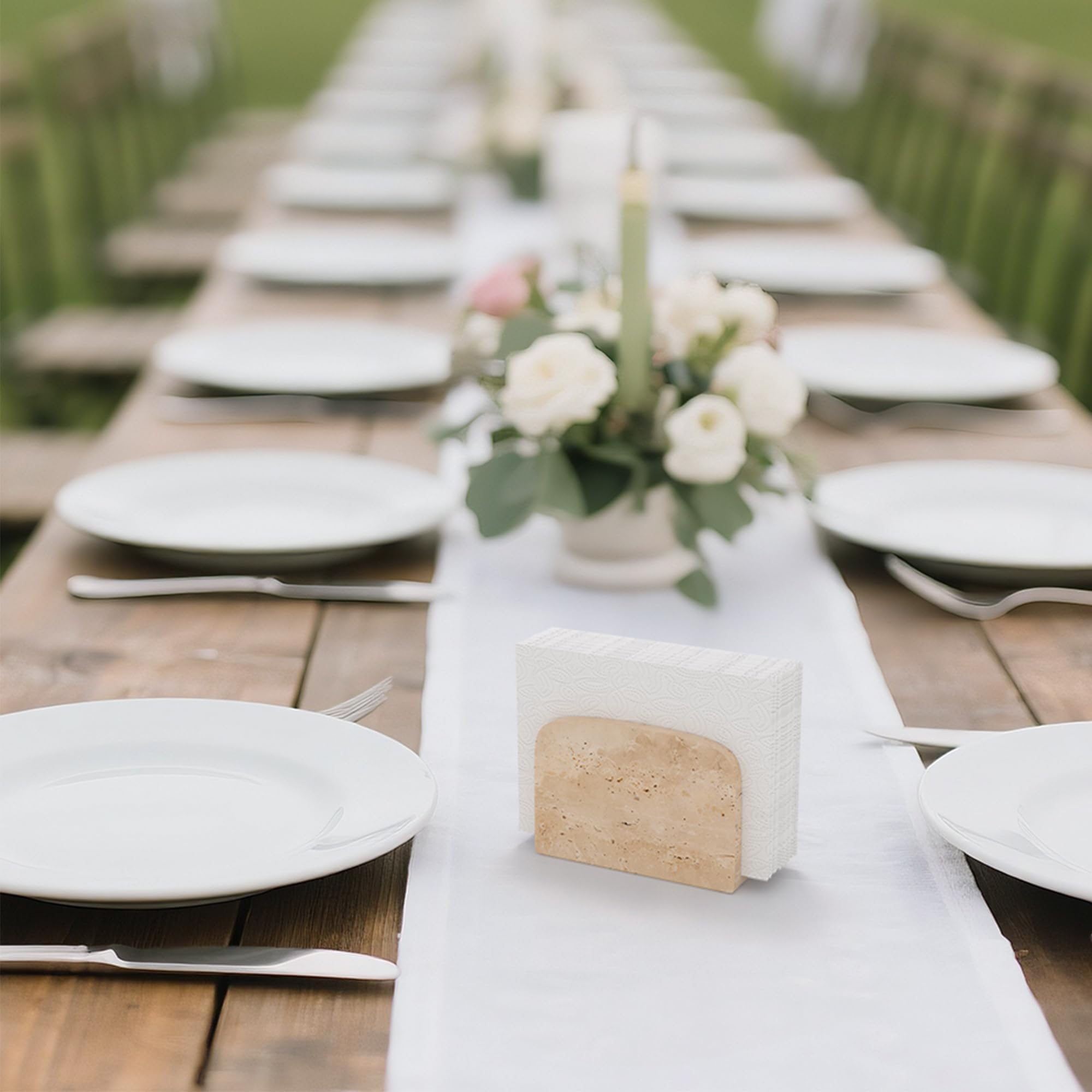 Uchwyt na serwetki z trawertynu, dozownik serwetek z kamienia naturalnego | Stojąca, na serwetki koktajlowe i papier restauracyjny, pasuje do wszystkich jadalni i wystroju domu, beżowy (WH083)