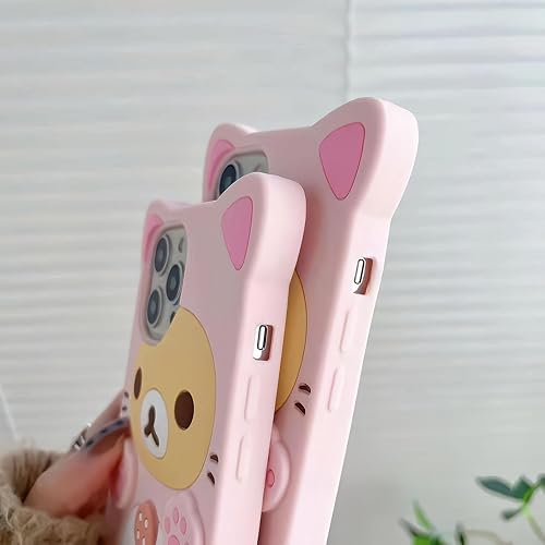 Miniatura 3 de Funda de teléfono con diseño de oso de dibujos animados 3D para iPhone 14 Pro, moderna y elegante, divertido diseño de oso rosa, funda protectora de