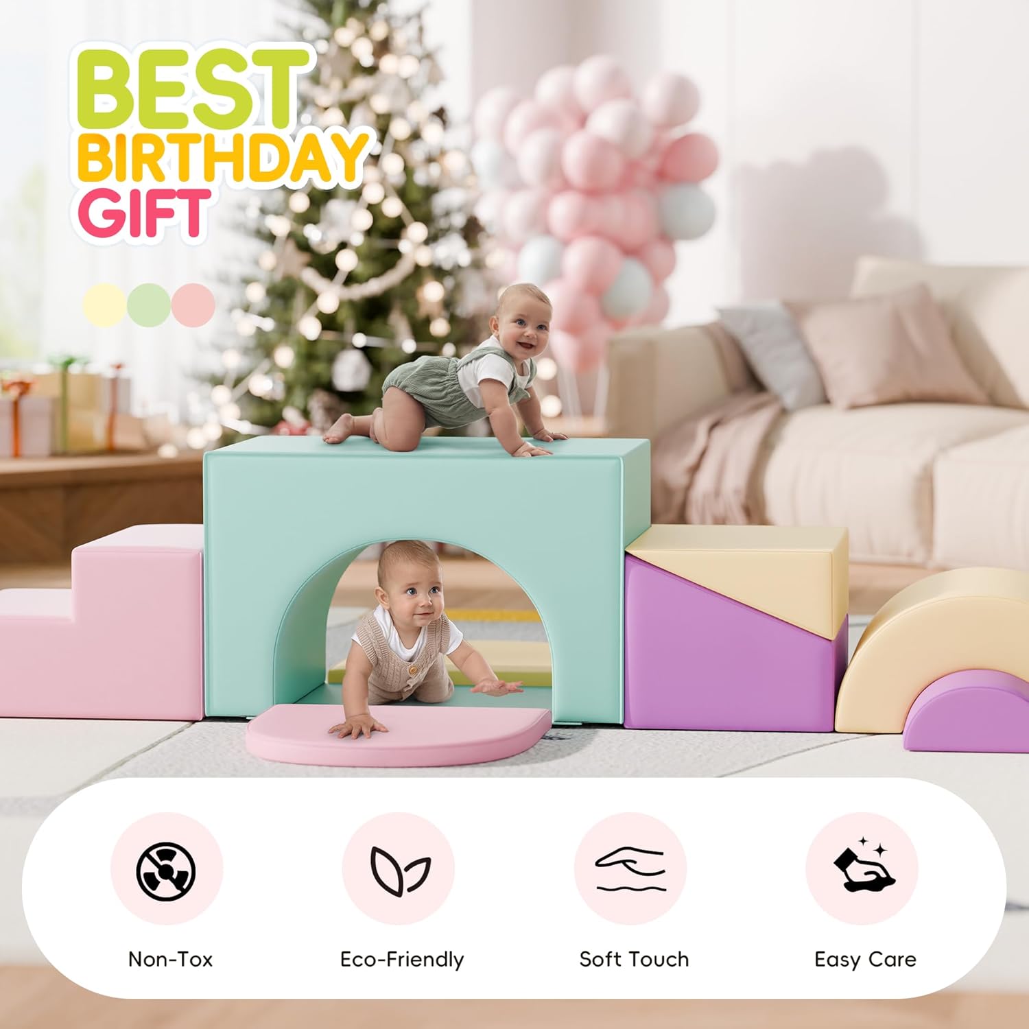 TOLEAD Soft Foam Climbing Blocks Set – Large 5-in-1 Soft Play Toys Crawling & Sliding Climbing Arch for Toddlers, Foam Playset for Nursery,Preschool,Pink