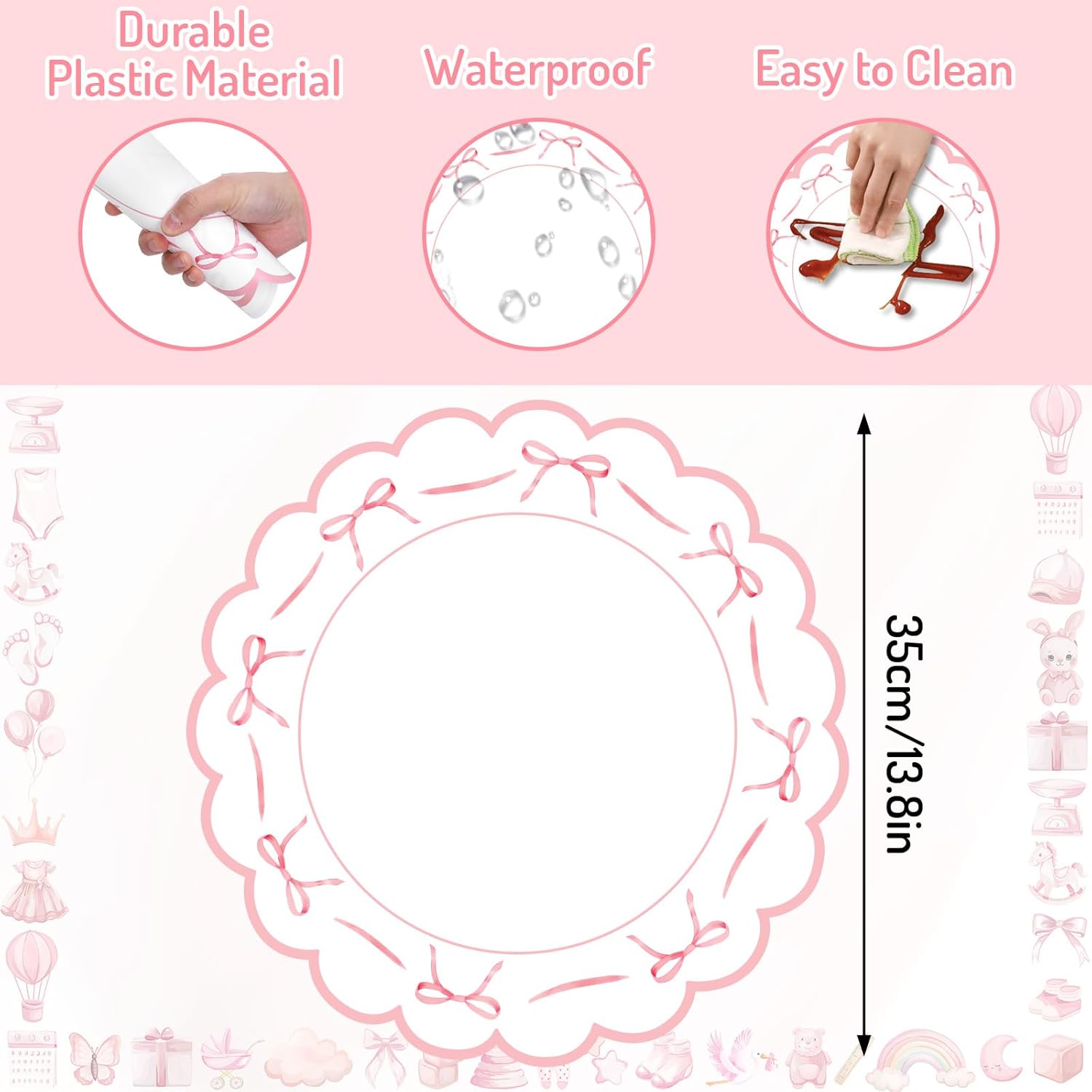 FYSUIMU Pink Bow Plastic Placemats Mother's Day Bowknot Coquette Table Mats Scalloped Place Mats for Wedding Birthday Baby Shower Bachelorette Party Kitchen Supplies, 6Pcs