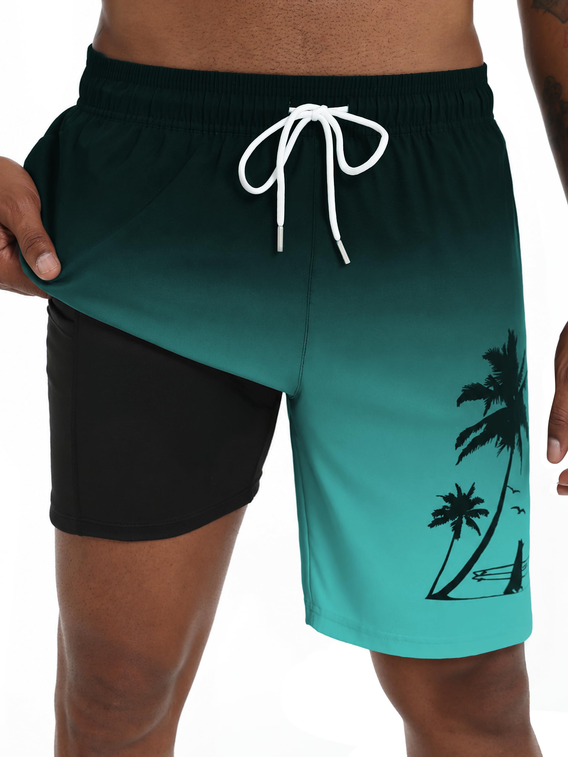 Vortewind Badehose Herren lang, Boardshorts Herren mit Kompressions-Innenhose, Badeshorts Männer, atmungsaktiv, wasserabweisend, mit Reißverschlusstasche für Surfen, Urlaub und Freizeit