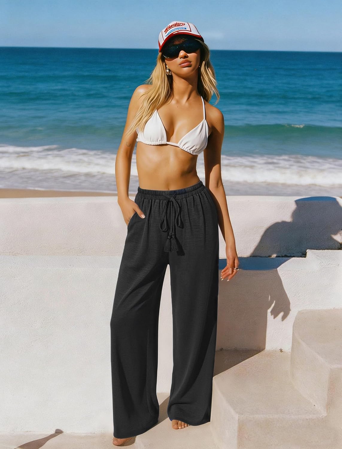Women's Wide Leg Pants High Waisted Drawstring Loose Palazzo Pant Trendy Casual Flowy Beach Trousers with Pockets - Image 2