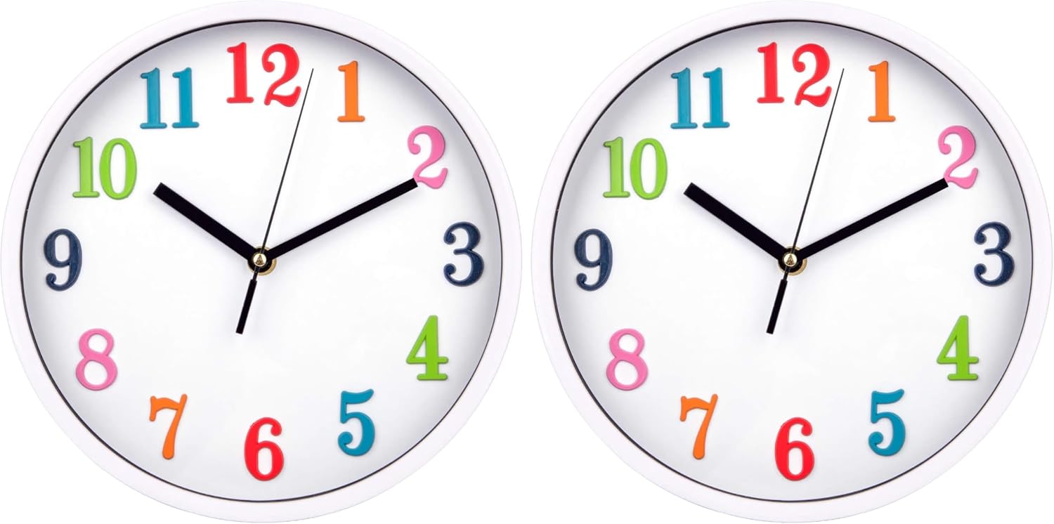 Jucoan 10 Inch Colorful Kid Wall Clock, Silent Non Ticking Quartz Battery Operated Decorative Round Clock for Children Bedroom, Nursery Room, School, Home (Pack of 2)