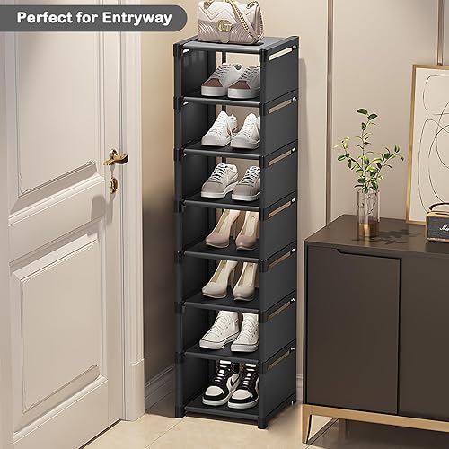 Miniatura 2 de Zapatero vertical de 8 niveles, estante alto de metal para zapatos, organizador de almacenamiento de zapatos, apilable y estrecho para puerta
