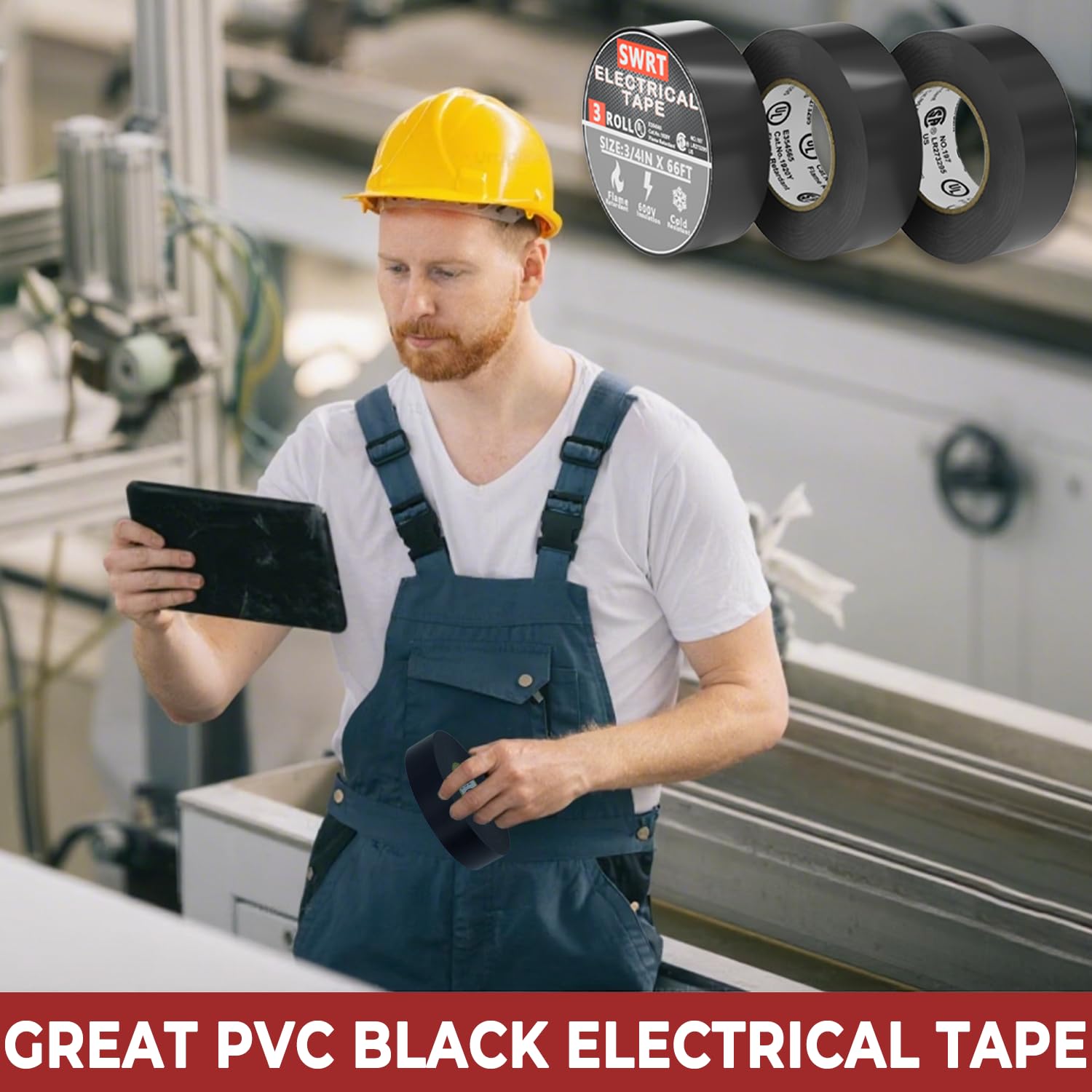 SWRT 0.75 in x 66 FT UL/CSA Listed Black Electrical Tape 7 mils -600V, 3 Pack Electric Tape Flame Retardant, Strong Adhesive, for Home DIY Electrical Repairs Professional Installations