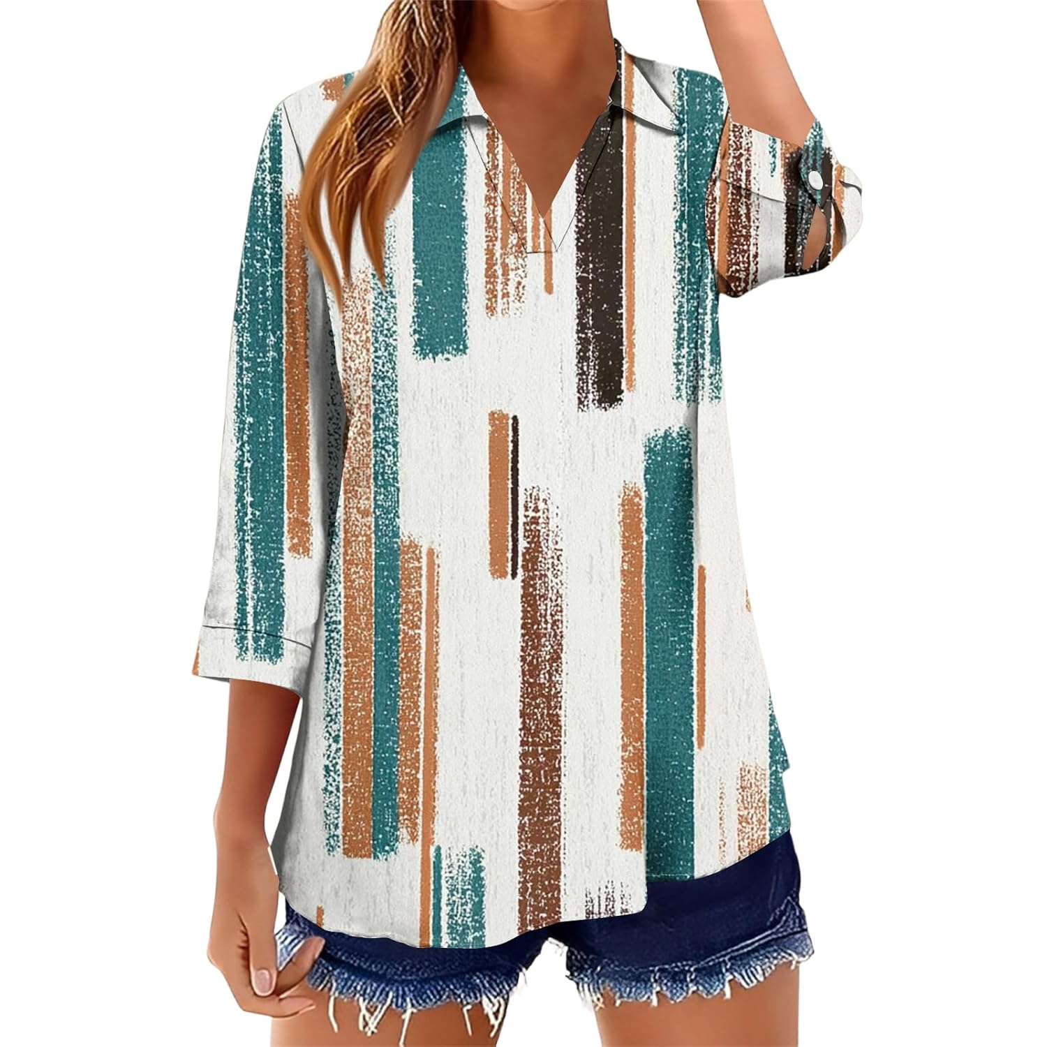 3 4 Length Sleeve Womens Tops Plus Size Shirts Lapel V Neck Blouses Business Work Tops Print Pullover