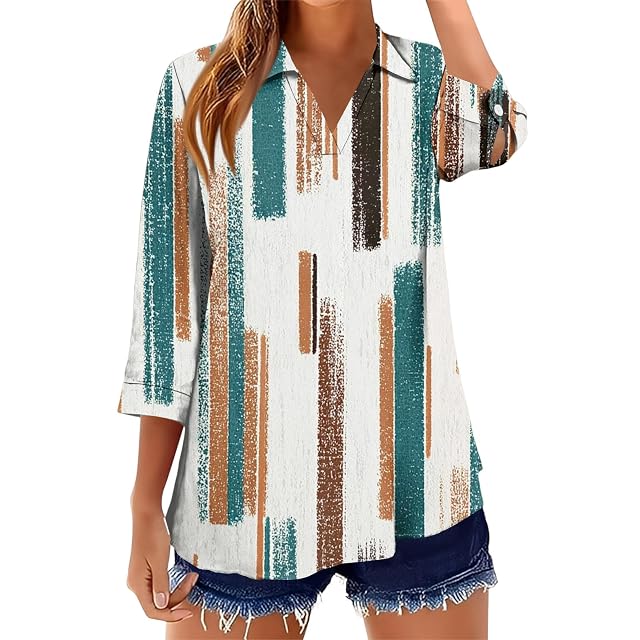 3 4 Length Sleeve Womens Tops Plus Size Shirts Lapel V Neck Blouses Business Work Tops Print Pullover