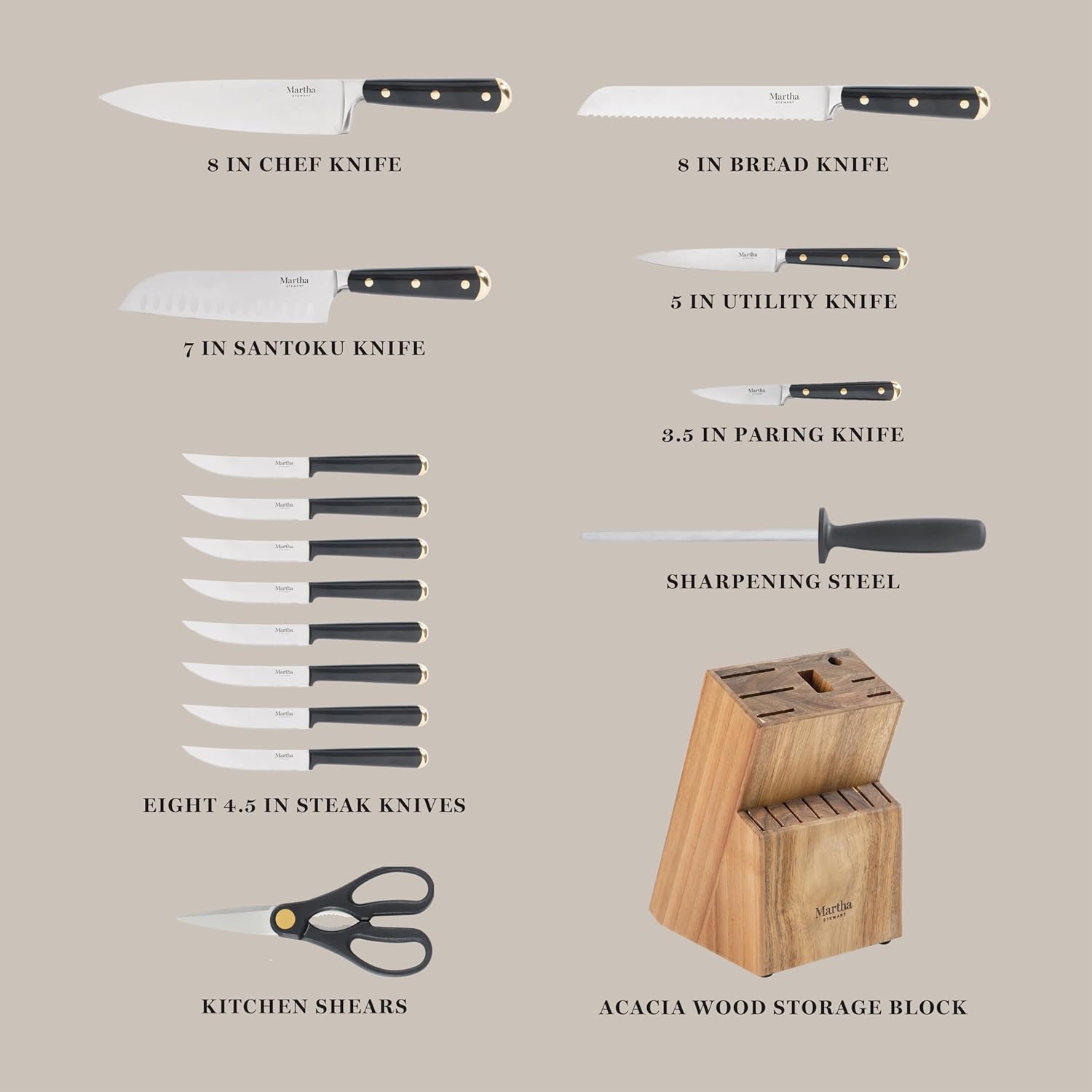 Martha Stewart 16 Piece Lockton High Carbon Stainless Steel Cutlery Kitchen Knife Block Set W/ABS Tripe Riveted Forged Handle Acacia Wood Block - Black W/Gold - Image 3