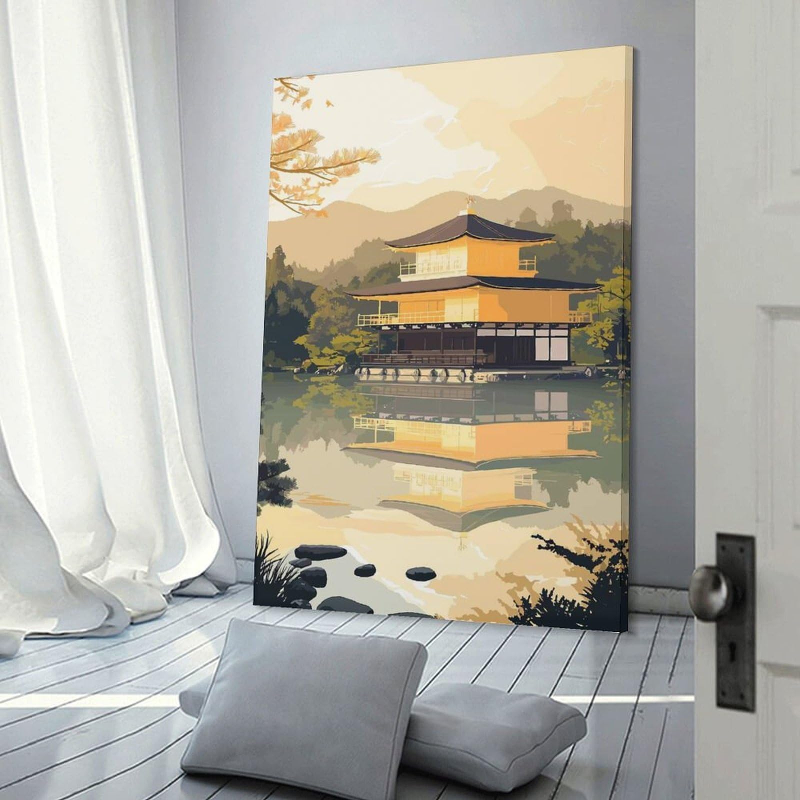 Junmoney Frame-Style-22 Golden Pavilion Reflection Decorative Canvas Print, 12X18inch(30X45cm), For Gallery Wall Decor And Room Displays, Wall Decor Suited To Curated Displays