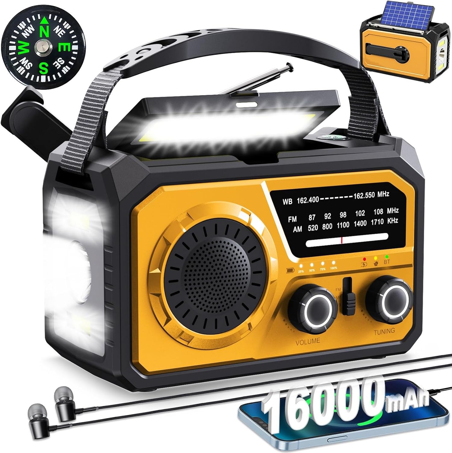 16000mAh Hand Crank Emergency Weather Radio with Wireless Speaker, 59200mWh NOAA AM FM Solar Radio with Flashlight Cell Phone Charger Reading Lamp Compass SOS for Camping and Survival (Yellow)