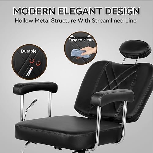 Miniatura 6 de Silla de peluquería negra, silla de pelo multiusos para peluquería casera, bomba hidráulica resistente con rotación de 360, silla reclinable de