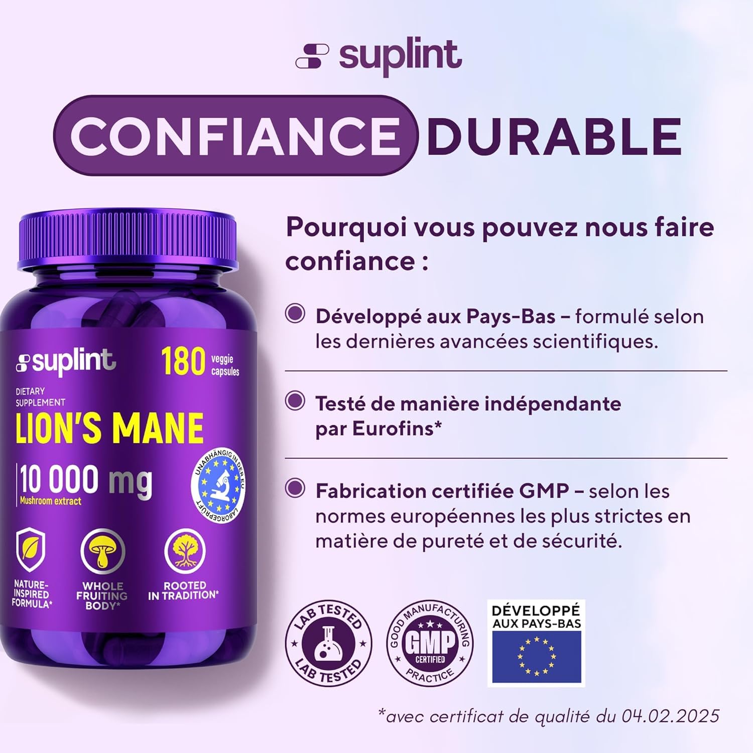 Lion's Mane - 10 000 mg - Gélules de crinière de lion – Extrait de champignon Hericium Erinaceus 10:1 – Naturel et sans OGM (180 capsules)