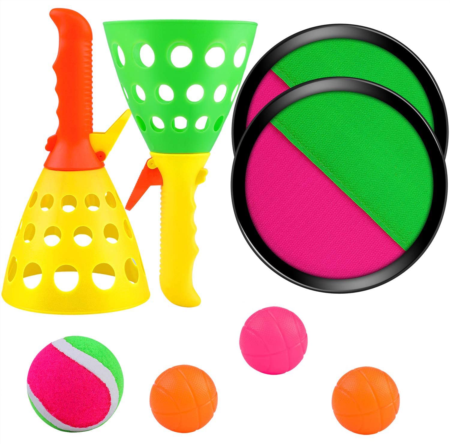 ELECDON Toss and Catch Balls Game Set and Pop and Catch Launcher Basket with 4 Balls Indoors and Outdoors Toy with Storage Bag, Summer Game Sports Sand & Beach Toys for Kids Gifts (Random Color)