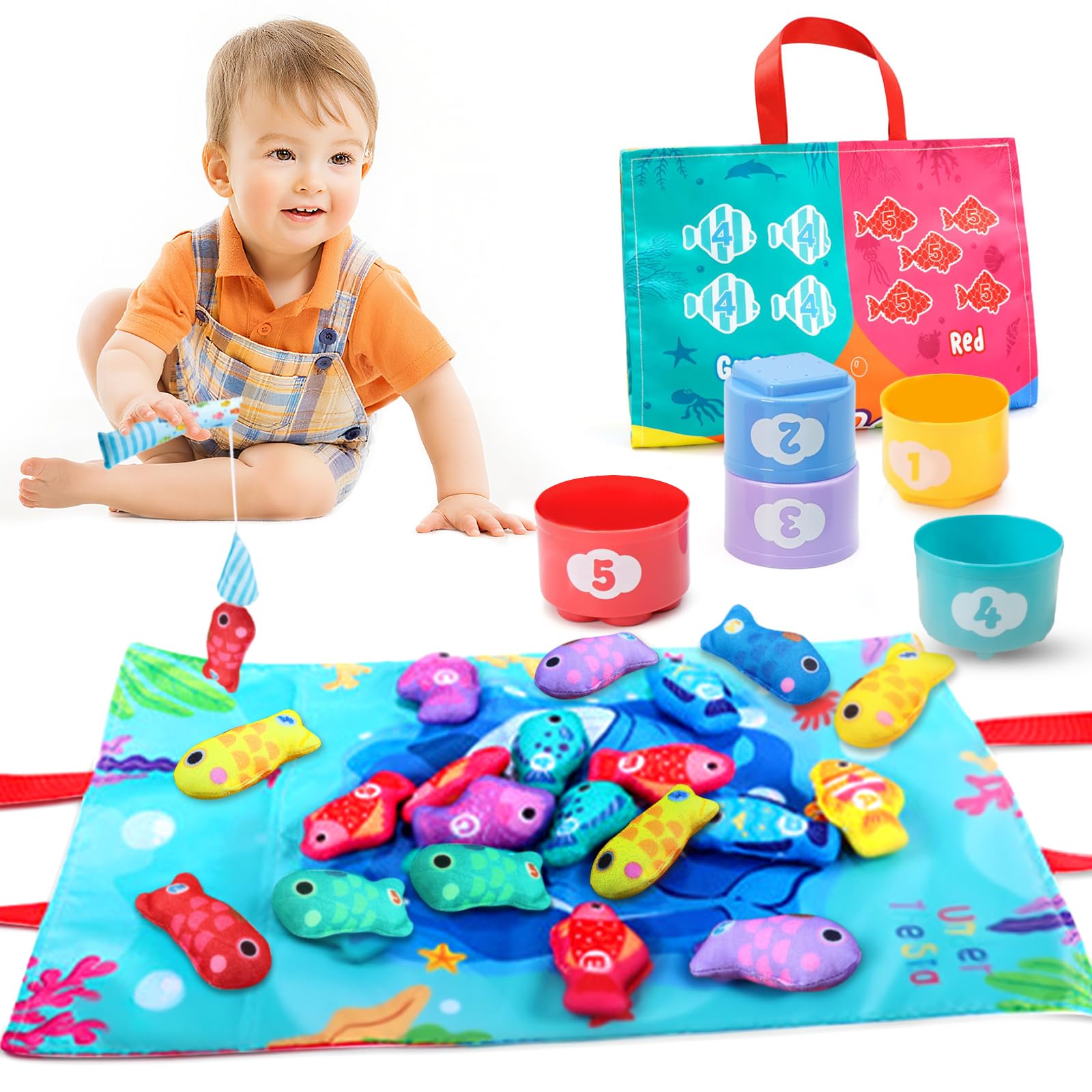 Pmueuff Juguetes Niños 1 Año, Juego Pesca de Tela con 15 Peces Colorido y 5 Taza Apilables Juguetes Montessori 1 Años Educativos Juguete Bebes Clasificación de Colores Regalos para Bebés 1 2 3 Años