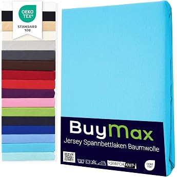 Buymax  Fitted Sheet 90 x 200 cm 100% Jersey Cotton Mattress Height Up to 25 cm Turquoise