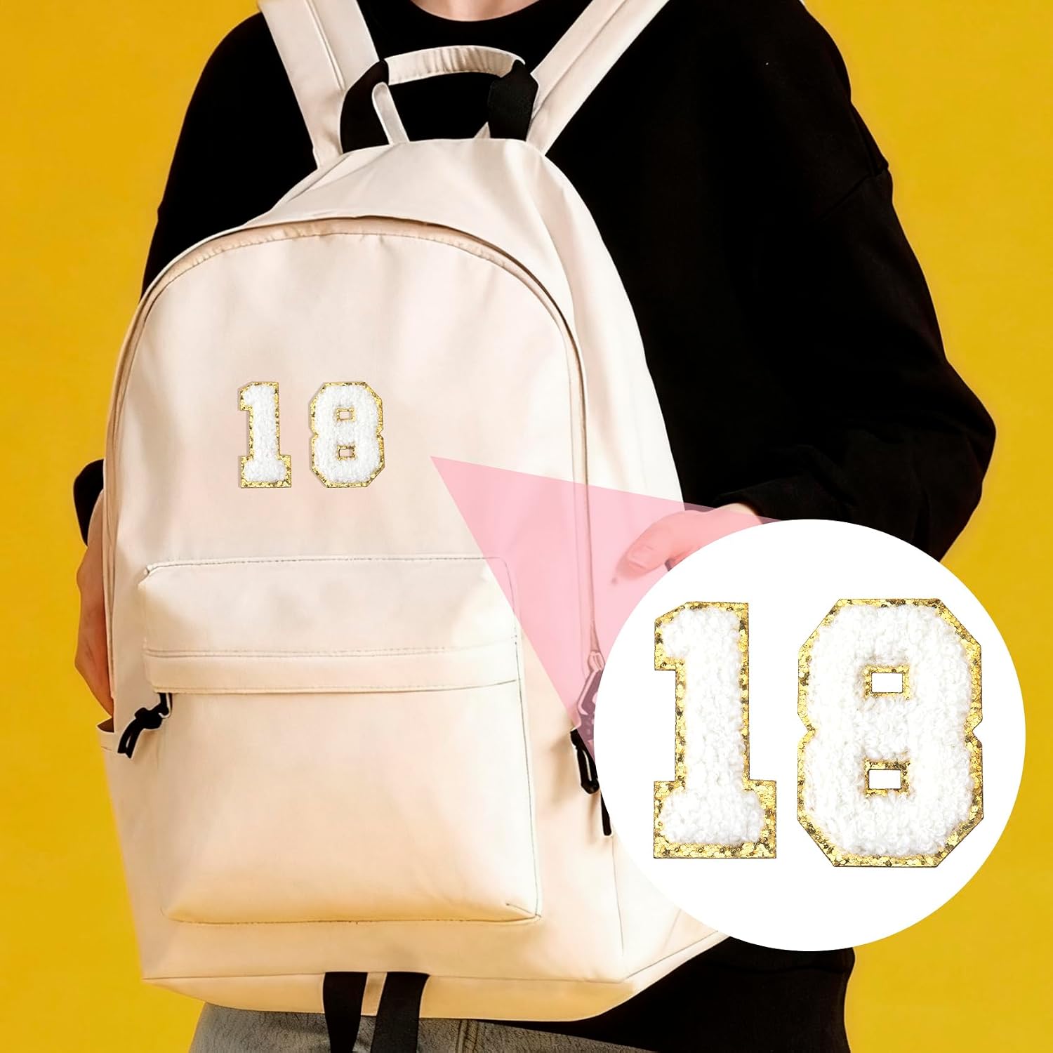10pcs Self Adhesive Chenille Number Patches, 2.17in Stick on Embroidered Appliques, 0-9 Glitter Number Patches Football Varsity Stickers for Caps Jeans Bags Decor- White