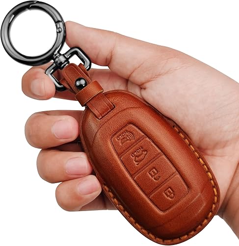 Tukellen Funda de cuero genuino para llavero inteligente para Hyundai Palisade Elantra GT Accent Kona Santa Fe Veloster 2020-2022 (marrón, 4 botones)