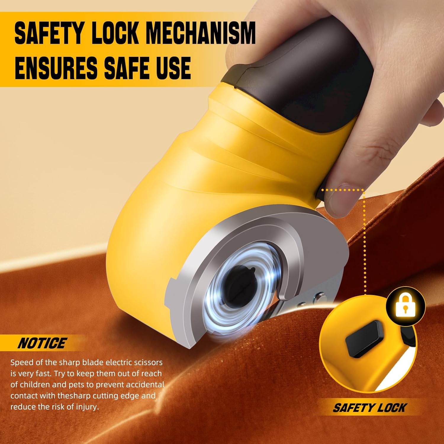 Cordless Electric Scissors,4.2V Carpet & Cardboard Cutter Multi-Cutting Tools with Safety Lock & Replacement Blade/Charger,Rechargeable Powerful Fabric Cutter with Storage Box(yellow)