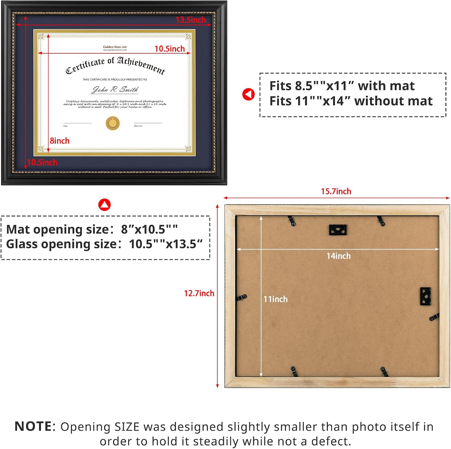 Golden State Art, 8.5x11 Diploma Frame, Solid Wood Black with Gold Trim Certificate Frame, 8.5x11 or 11x14 Diploma Without Mat, Real Glass Front with Navy Over Gold Double Mat -1 Pack