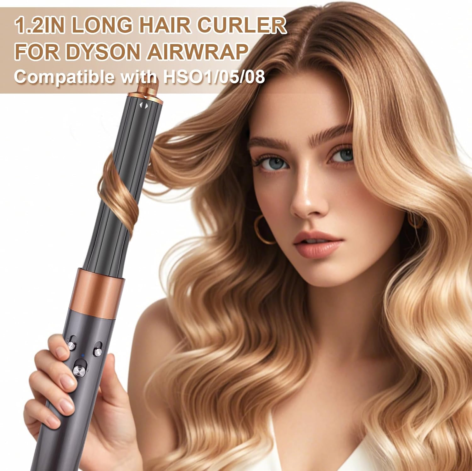 30mm/1.2" Hair Long Barrel Attachment for Dyson Airwrap HS01/05/08, Adjustable Bidirectional Auto-Wrap Curling, for Bouncy Curls or Waves, Gold