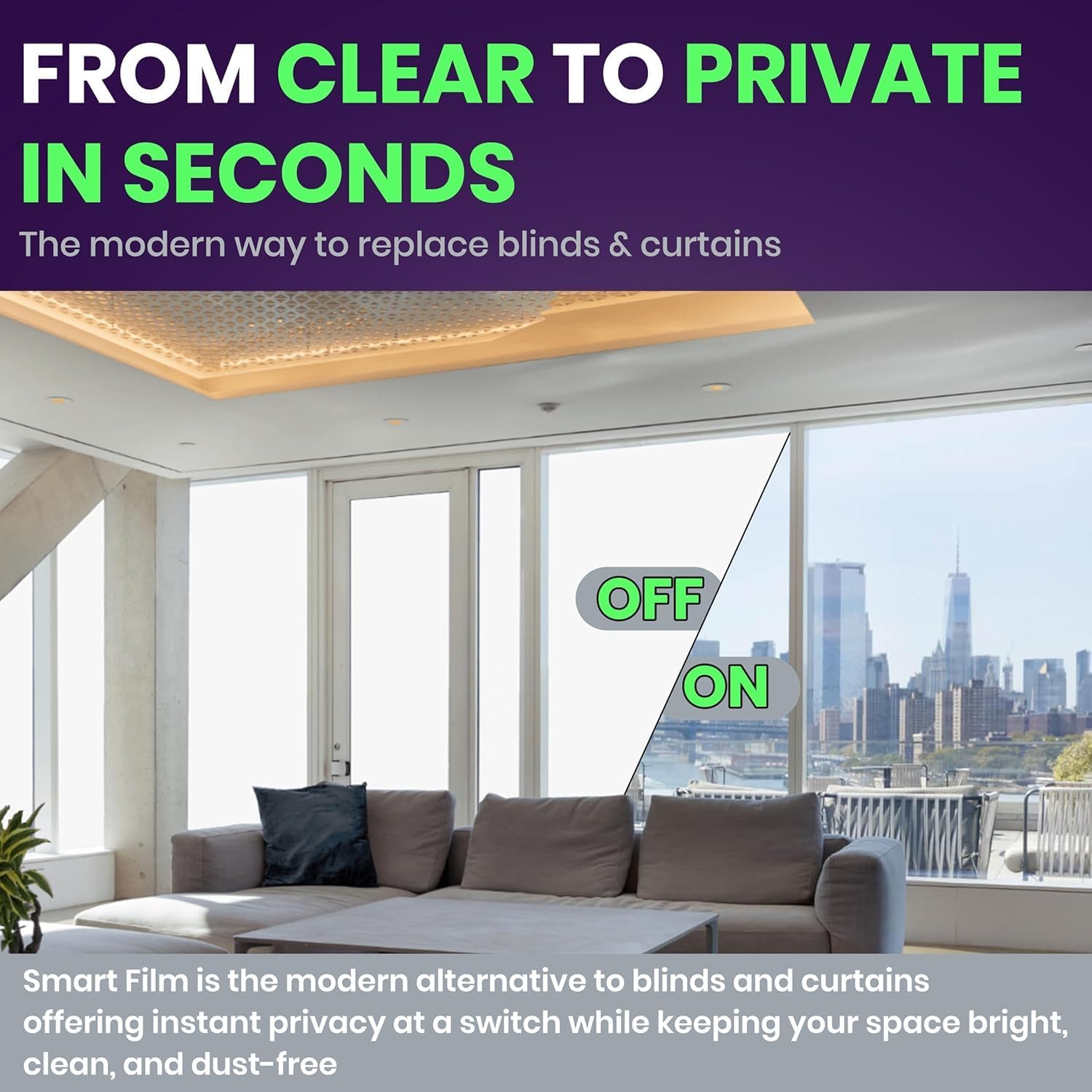 PDLC Smart Film (15" x 47"), Switchable Adhesive Privacy Glass Film, Smart Tint for Window, Door, Sliding Glass, Electric Frosted, Clear to Opaque, for Home, Office, Conference Room, Partition Use