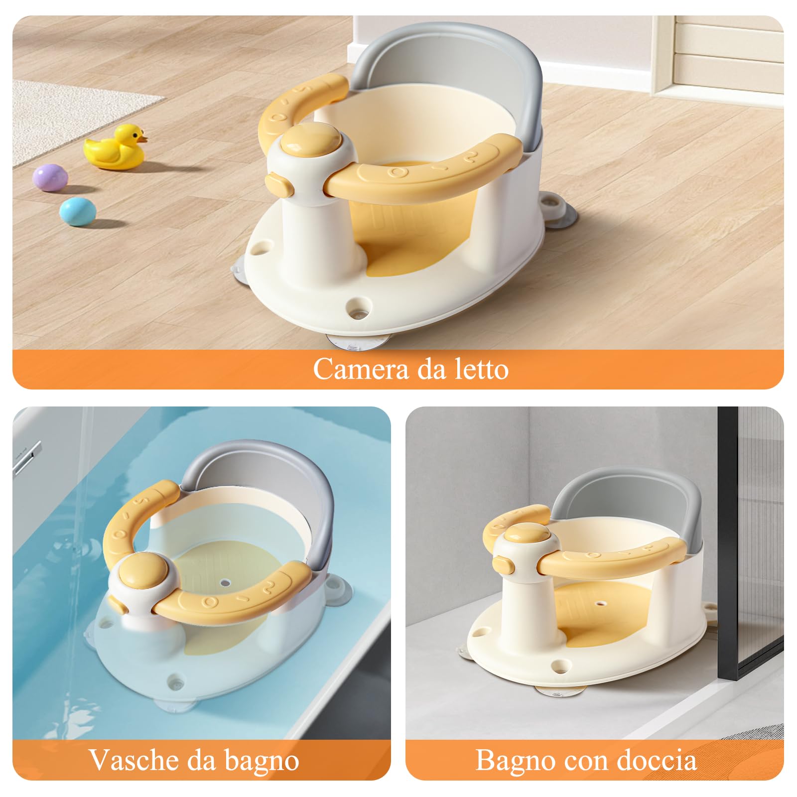 Seggiolino per vasca da bagno per bambini dai 6 mesi in su, antiscivolo, con 4 ventose forti, ergonomico, per doccia o vasca da bagno (giallo)