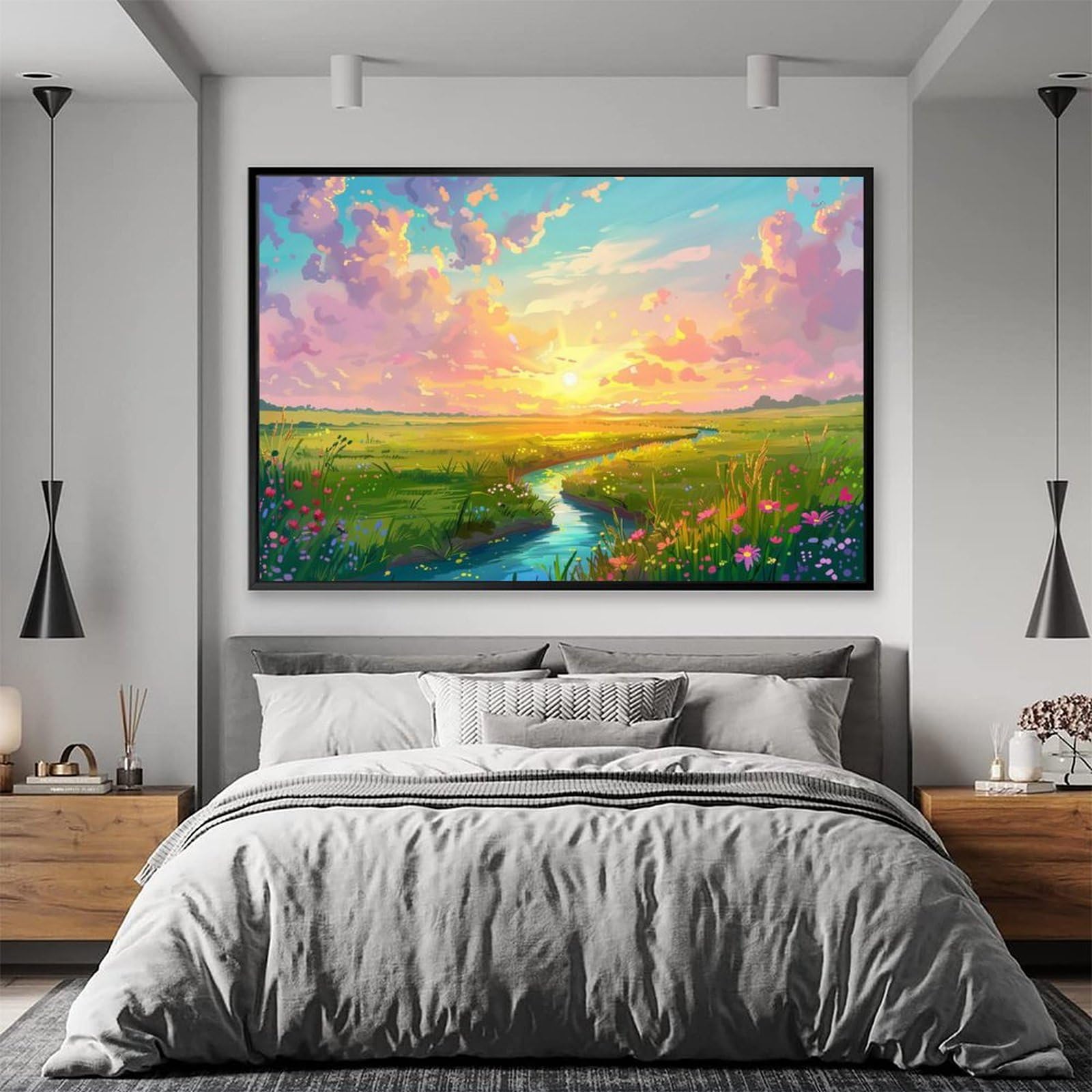 絵画 インテリア絵 額付(白）油絵　uF6-063203　田園風景、朝陽、夕陽 絵画 インテリア絵 額付(白）油絵 uF6-063203 田園風景、朝陽