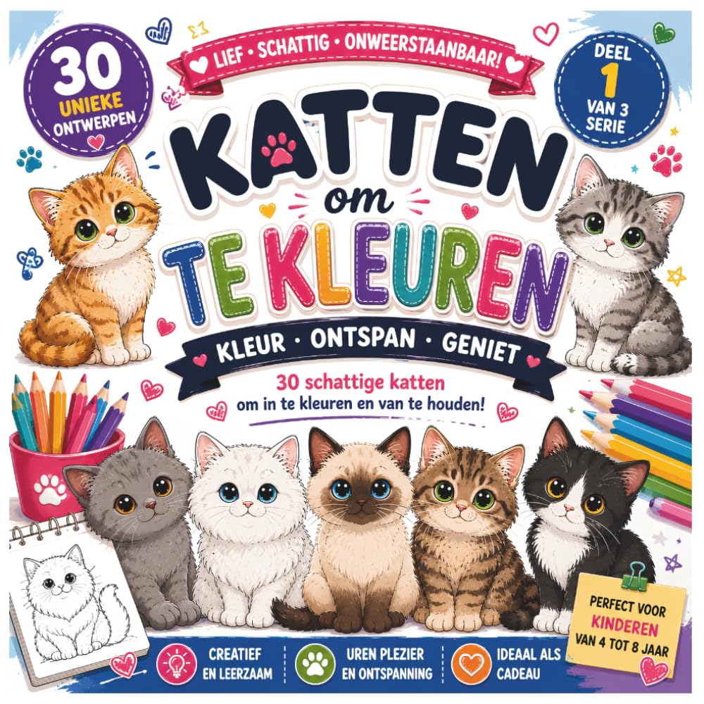 Katten Kleurboek voor Kinderen 4-8 Jaar: 30 Schattige Katten om te Kleuren Makkelijke Kleurplaten Leuke Kittens Creatieve Activiteit voor Jongens en Meisjes Deel 1 van 3 Serie
