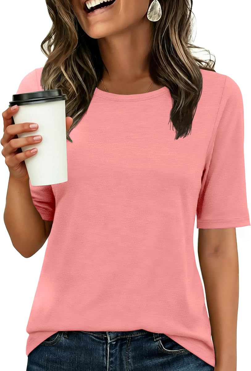 Womens Half Sleeve Tops Crewneck Shirts Basic Fit Tee Trendy 2026 Spring Summer Business Casual T-Shirts
