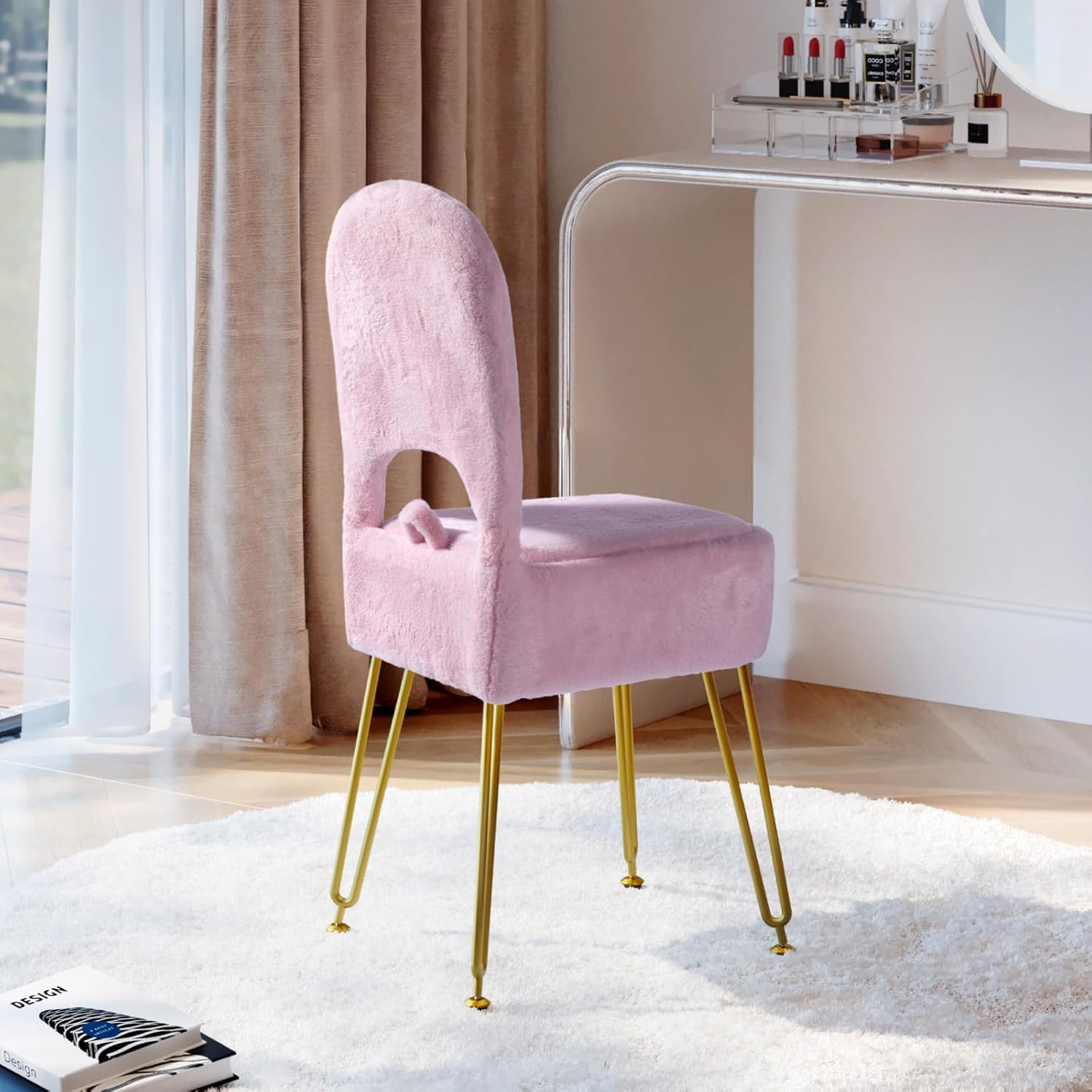 Pink Vanity Chair with Storage and Back for Teens - Faux Fur Makeup Vanity Stool, Foldable Ottoman Seat with Anti-Slip Metal Legs for Girls Bedroom, Dorm, Entryway, Living Room