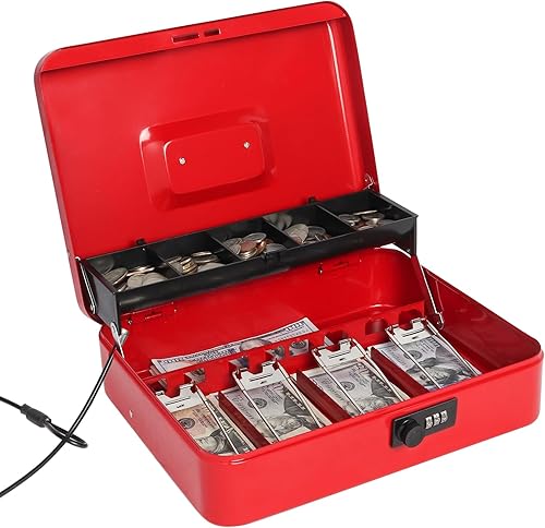 Vista 49 de Jssmst - Caja grande de seguridad para dinero con bandeja; caja con cerradura para dinero con cable de seguridad y cerradura de llave, de metal