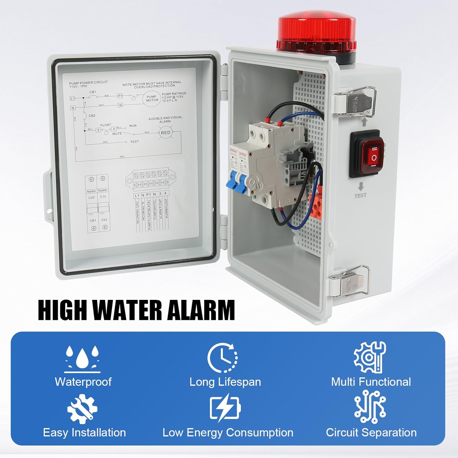 JDMSPEED Sump Pump High Water Septic Tank Alarm with Bright Flashing Light 110 db Alarm IP67 Casing