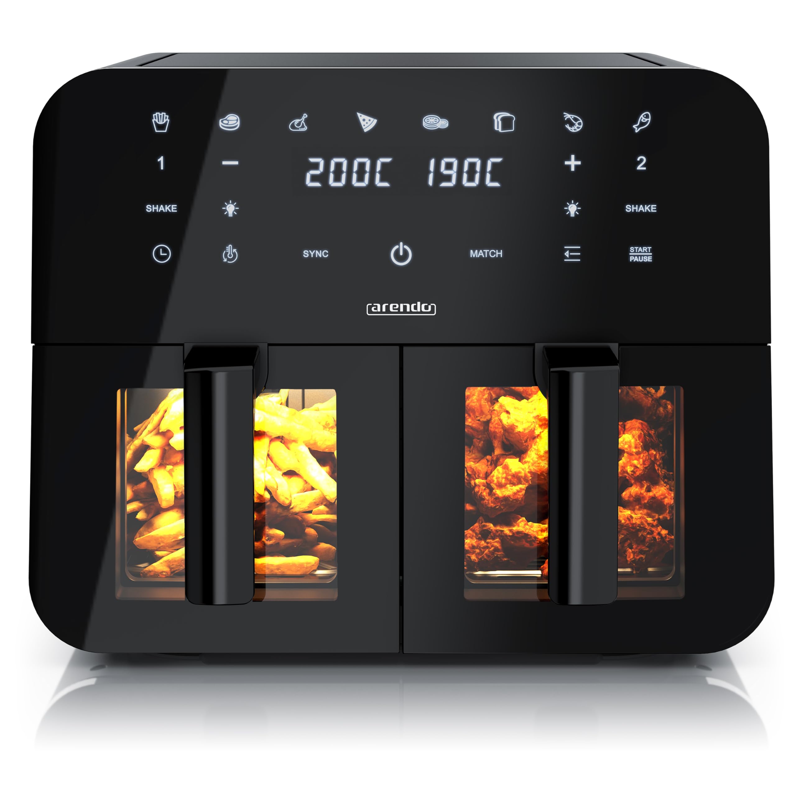 Arendo - Dual Zone Heißluftfritteuse 9L - mit 2 Kamern - XXL Kapazität 2 Fächer – Sichtfenster Beleuchtung - Airfryer - Touchscreen - 3D Umluftsystem - Antihaftbeschichtung - spülmaschinenfeste Körbe