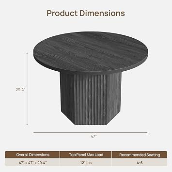 SICOTAS Round Dining Table for 4 6 People 47 Fluted Kitchen Dinner Table Modern Wooden Circle Dining Room Table with Sturdy Base for Dining Room Kitchen Living Room, Dark Grey Alder