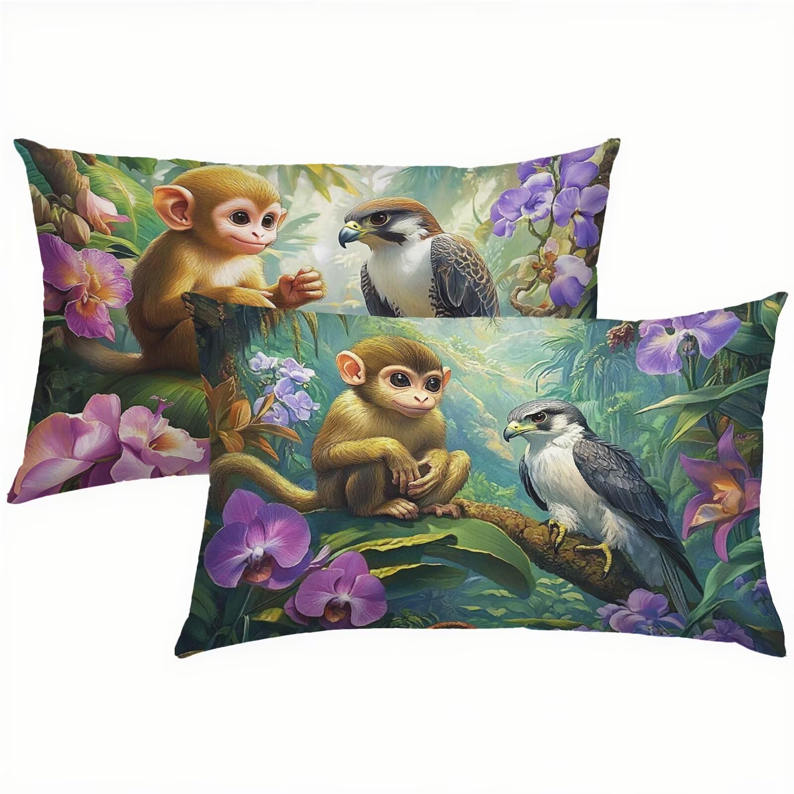 Taie oreiller singe et oiseau pour le confort du salon ou du lit