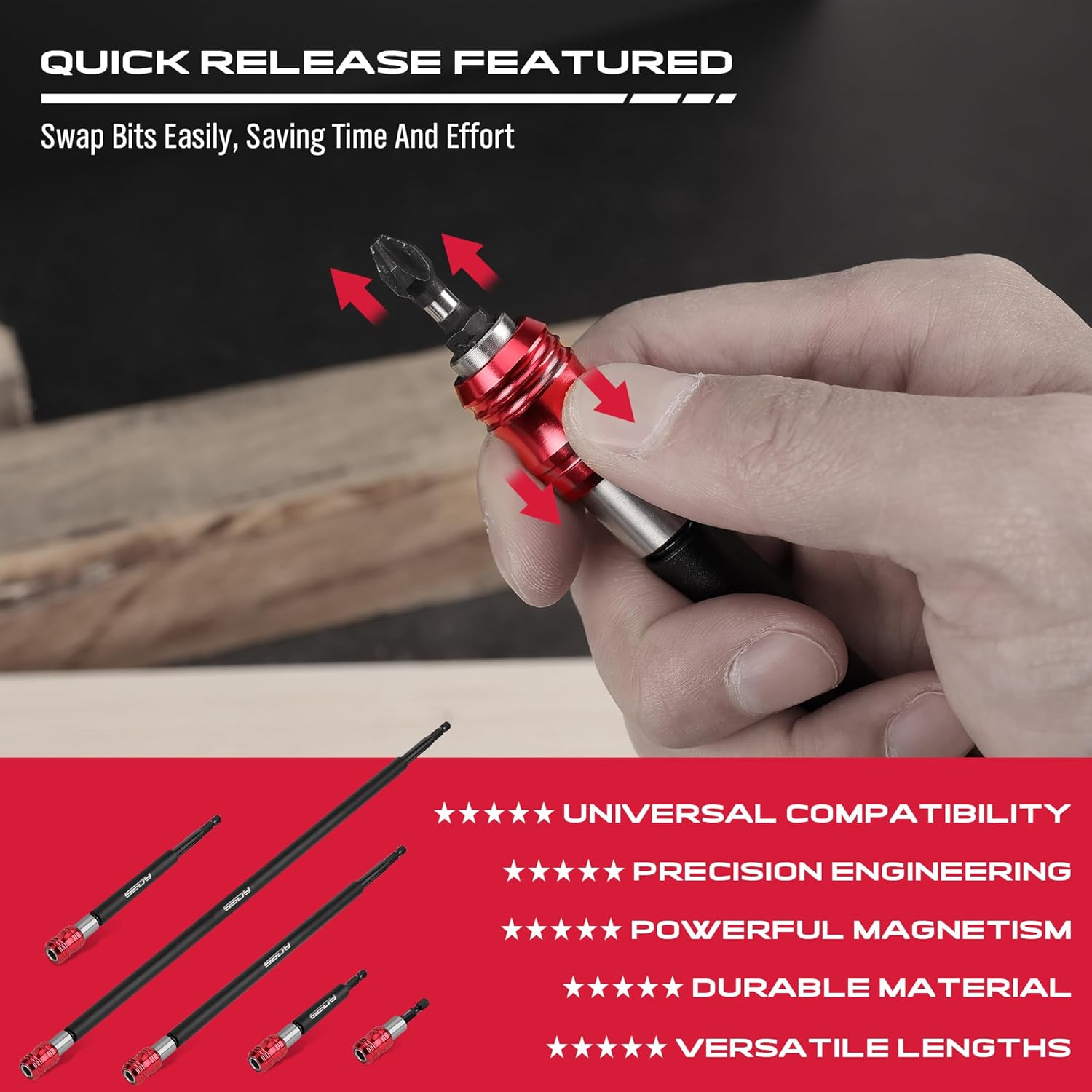 5-Piece 2", 4", 6", 12", 17" Extra Long Magnetic Screwdriver Bit Holders, 1/4 Inch Hex Shank Quick Release Extension Adapter, Durable CR-V Steel, Universal Fit for Impact Driver Bits