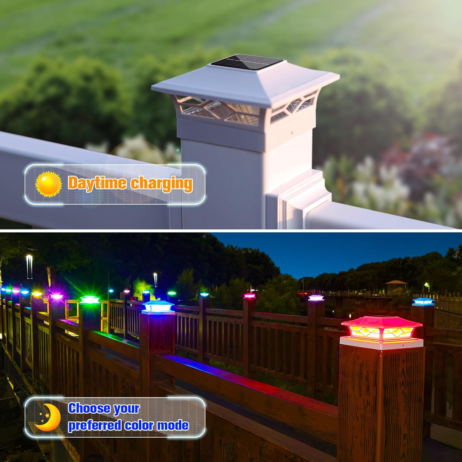 VOLISUN Solar Post Cap Light Outdoor Waterproof: RGB Color Changing - Solar Fence Cap Flashing Lights 4Pack White for 4x4 5x5 6x6 Wooden Vinyl Post