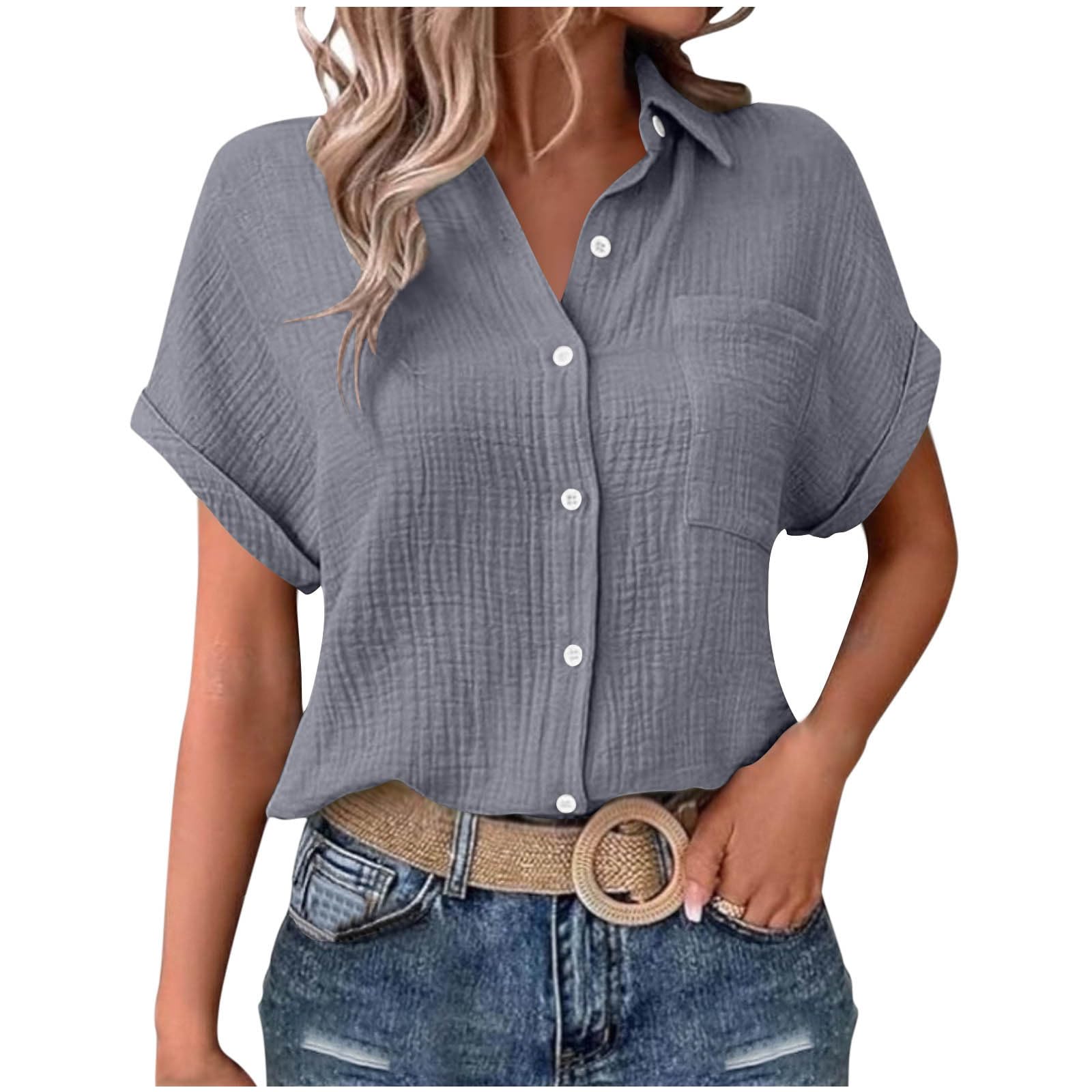 AEGJEGVD Musselin Damen Blusen Elegant Shirt Kurze Ärmel Bluse Mit Kragen Knopfleiste Formelle Arbeitskleidung Lässige Hemden Leinenbluse Flowy Locker Blusen Atmungsaktive Sonnenschutz Oberteil