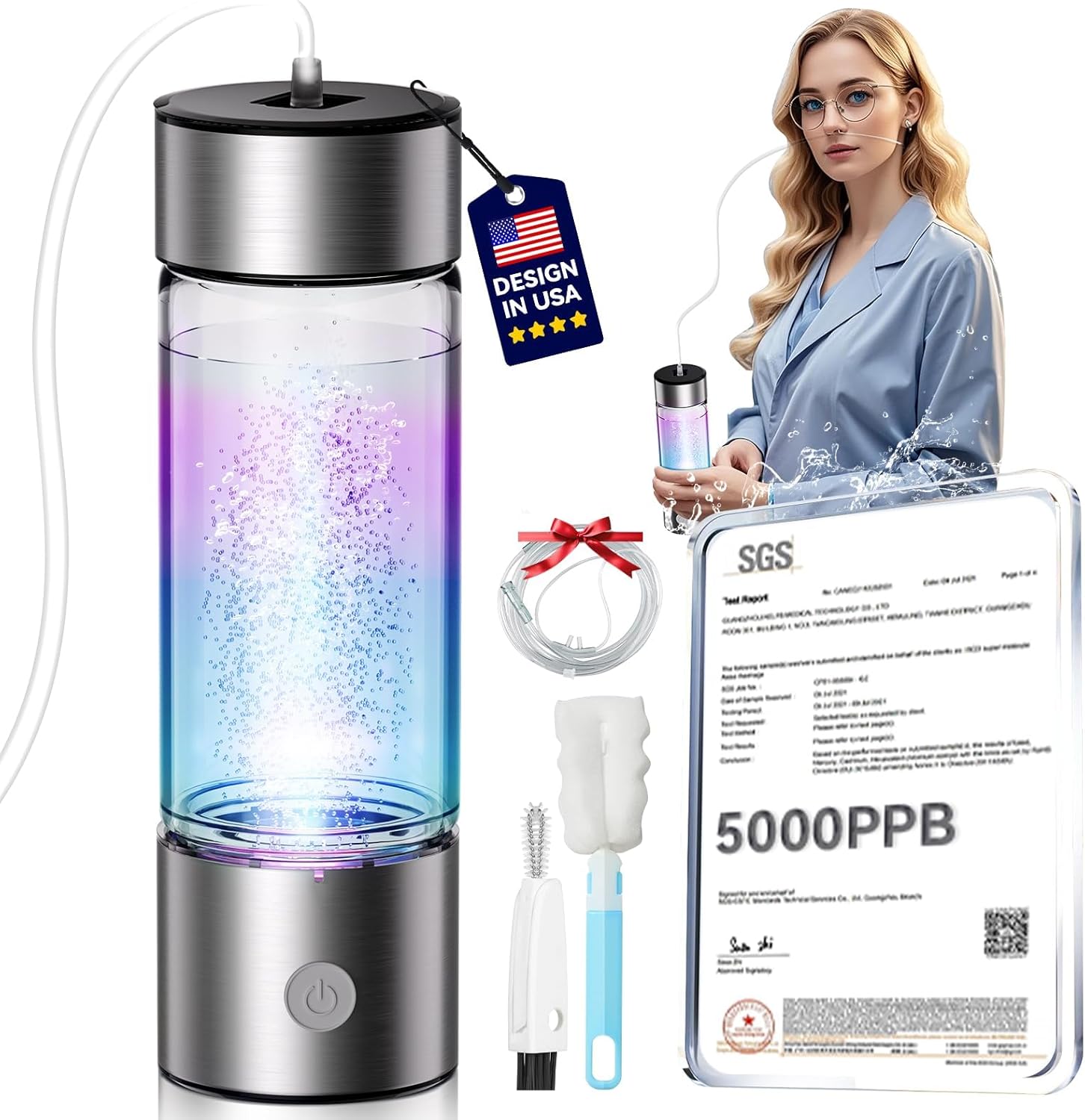 6.0 Upgrade Hydrogen Water Bottle & Hydrogen Absorption 【SGS Certification - 5000PPB】 Hydrogen Water Bottle 【NO.1-24-Hour Hydrogen Lock】 2026 SPE PEM Technique, Double Hydrogen Content - Silver
