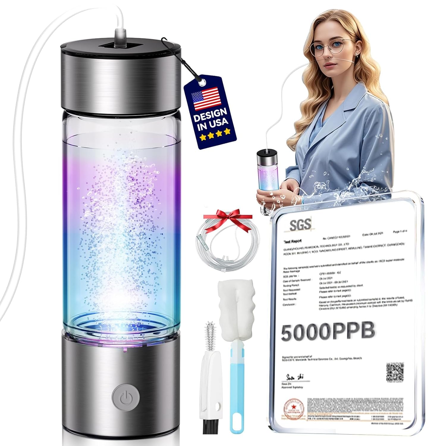 6.0 Upgrade Hydrogen Water Bottle & Hydrogen Absorption 【SGS Certification - 5000PPB】 Hydrogen Water Bottle 【NO.1-24-Hour Hydrogen Lock】 2026 SPE PEM Technique, Double Hydrogen Content - Silver