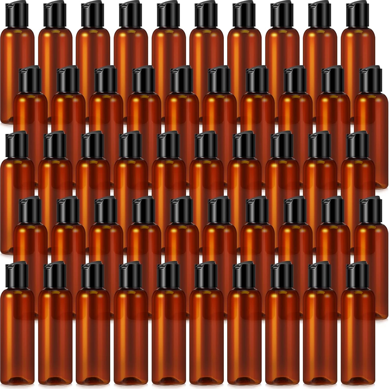 Mimorou 50 Pack 4oz Amber Squeeze Bottles with Leakproof Disc Flip Caps - Refillable Travel Toiletry Bottles for Lotion, Shampoo, Oils & Creams