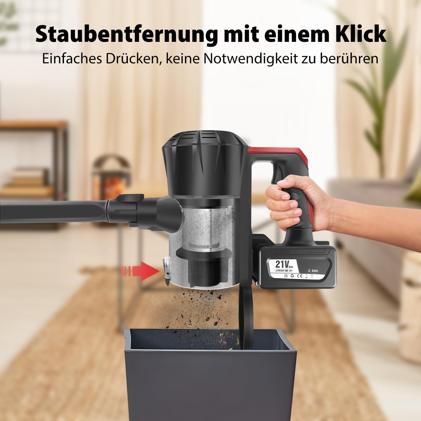 Kabelloser Stabstaubsauger, 15KPA aufrechter Staubsauger mit 3,0Ah-Akku, LED-Licht, 2 Geschwindigkeiten Ideal für Tierhaare, Teppiche und Hartböden