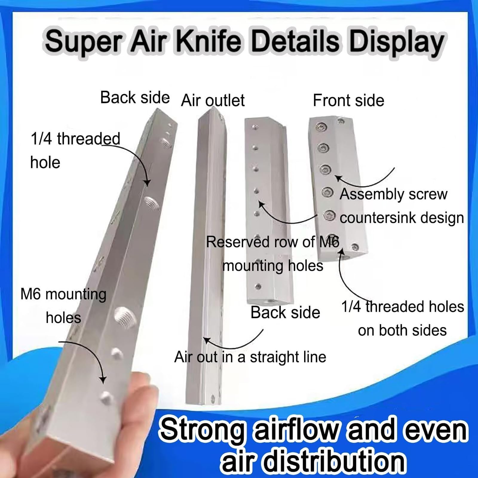 Soffiatore a lama d'aria, lama in lega di alluminio per soffiare polvere con filettatura da 1/4", spazio di uscita 0,05 mm, ideale per la rimozione di polvere e acqua nelle linee di produzione